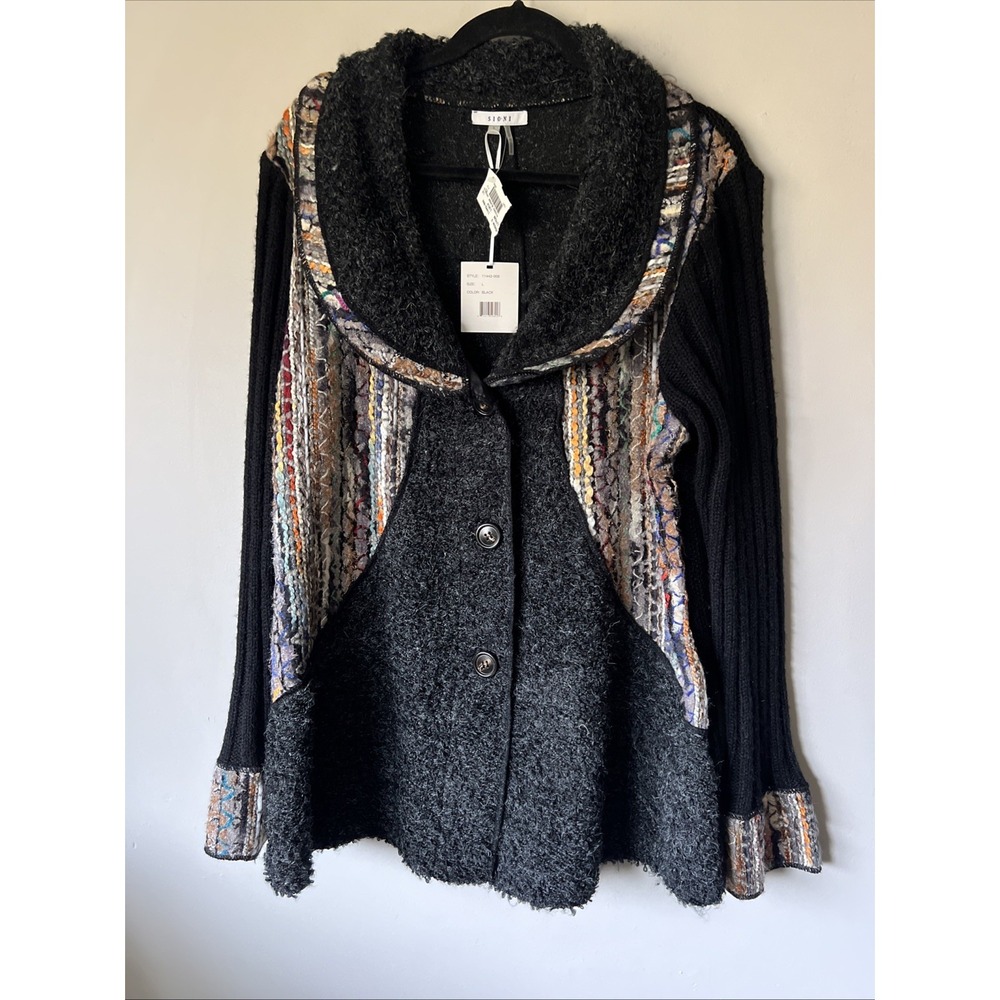 NWT Sioni Cardigan Sweater Long Size Large L Black Woven Embellished Art to Wear